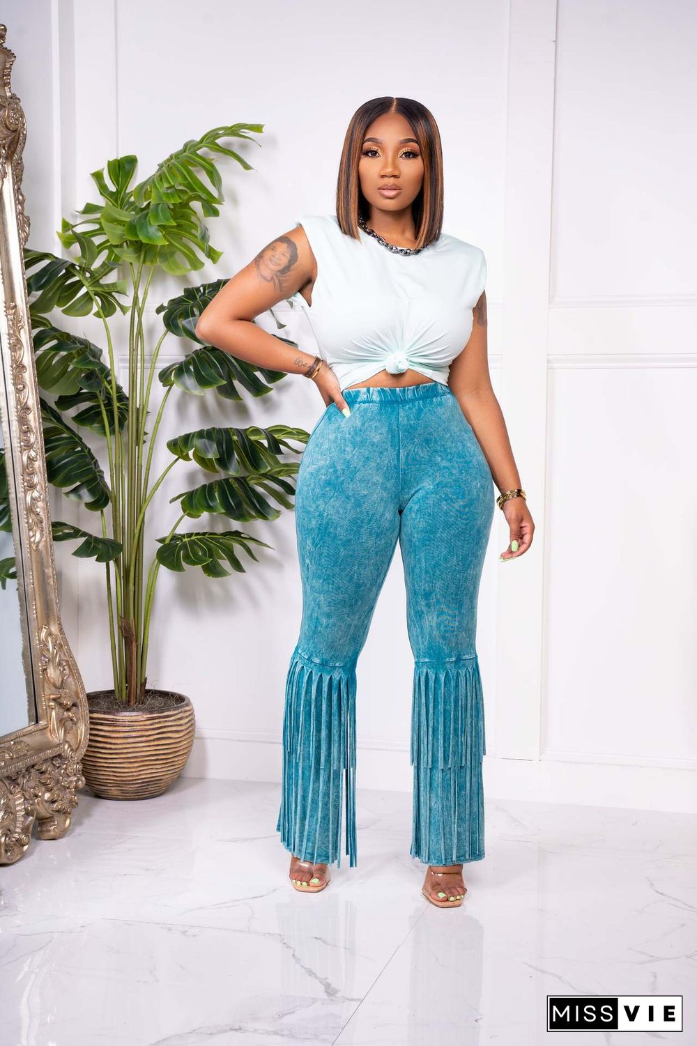 Solid Color Sleeveless Top Fringed Pants Two-piece Set