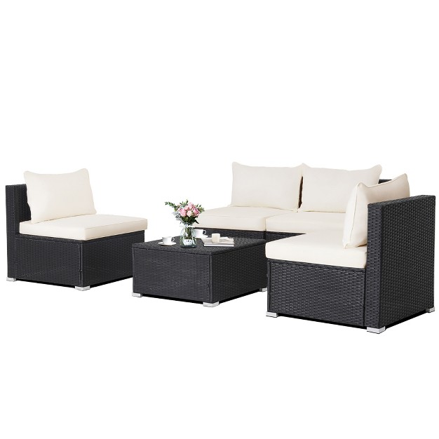 Costway 5pcs Patio Rattan Wicker Furniture Conversation Set Cushioned Sofa Deck