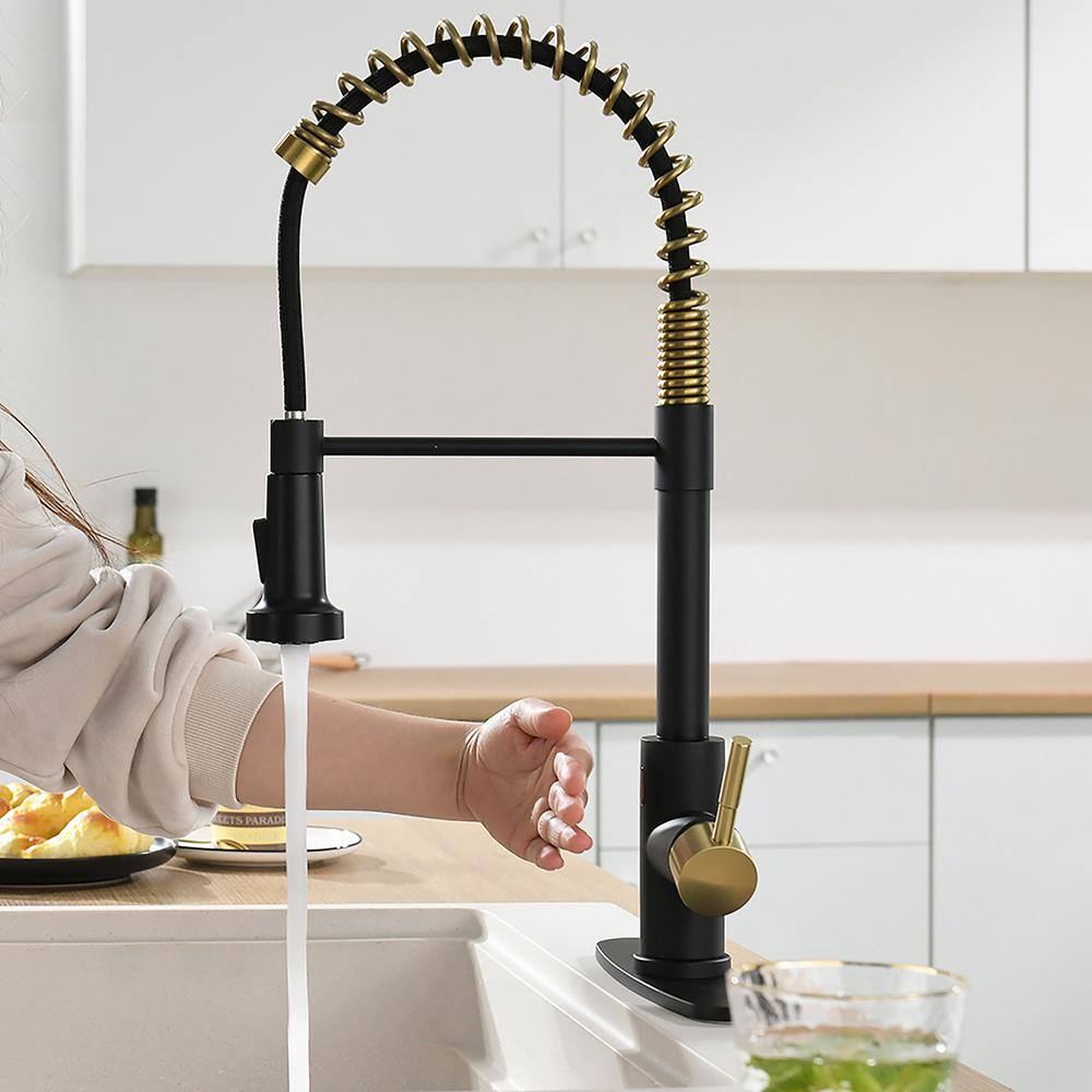 matrix decor Single Handle Touchless Pull Down Sprayer Kitchen Faucet with Deckplate in Black and Gold MD-ALIS1306BGD