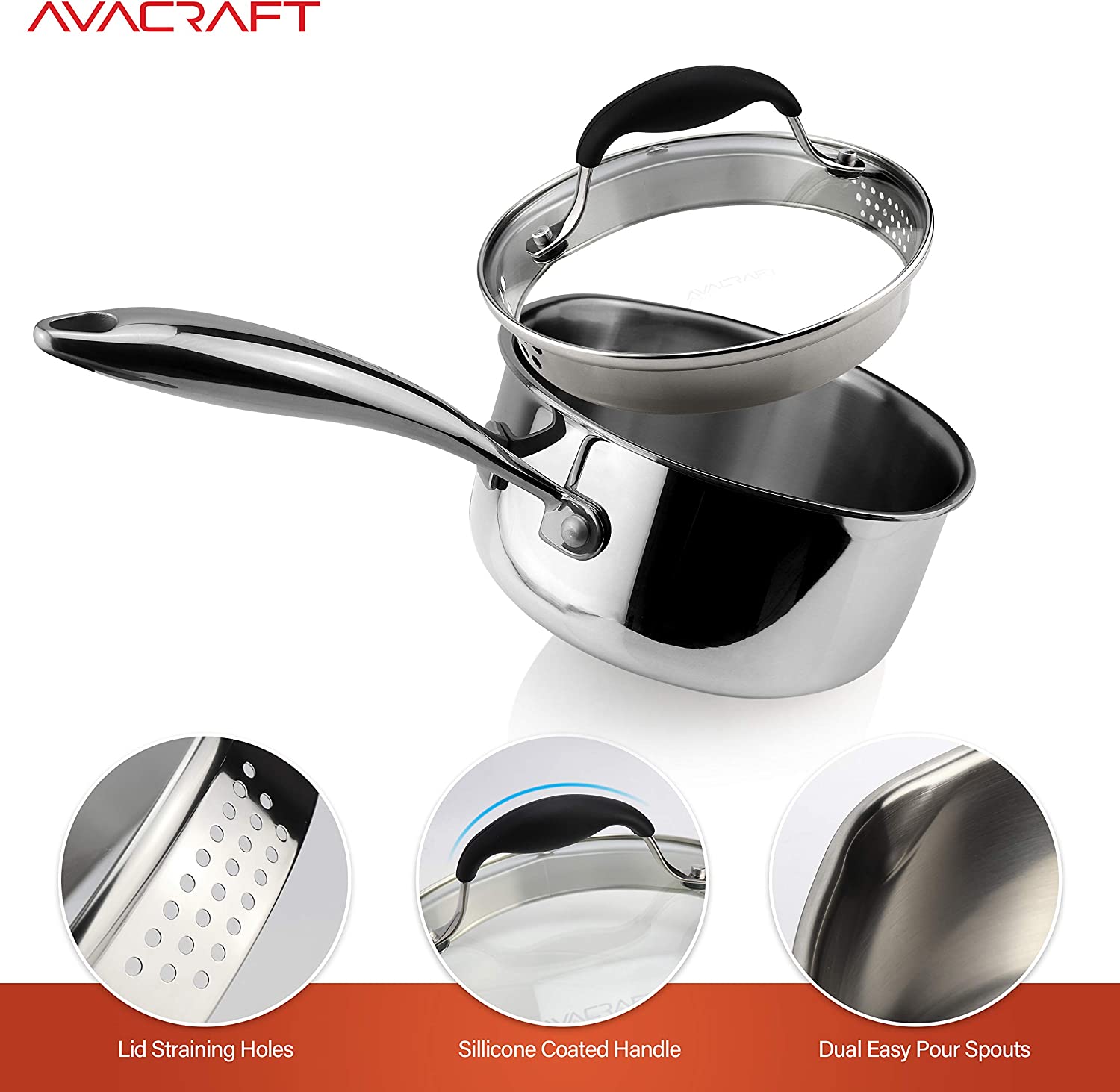 AVACRAFT Tri-Ply Stainless Steel Saucepan with Glass Strainer Lid， Two Side Spouts， Ergonomic Handle， Multipurpose Sauce Pan with Lid， Sauce Pot， Cooking Pot (Tri-Ply Full Body， 1.5 Quart)