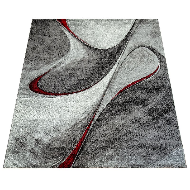 Grey Red Area Rug for Living Room Modern with Abstract Waves