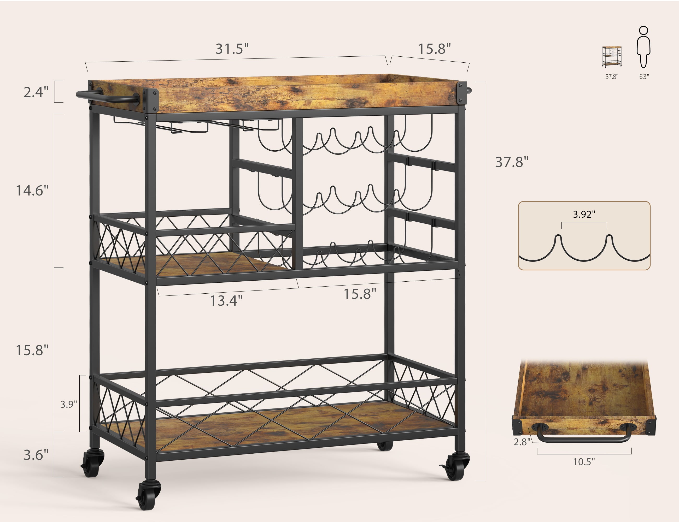 Lofka Bar Cart， 38 Kitchen Serving Cart with Large Storage， Rusic Brown and Black