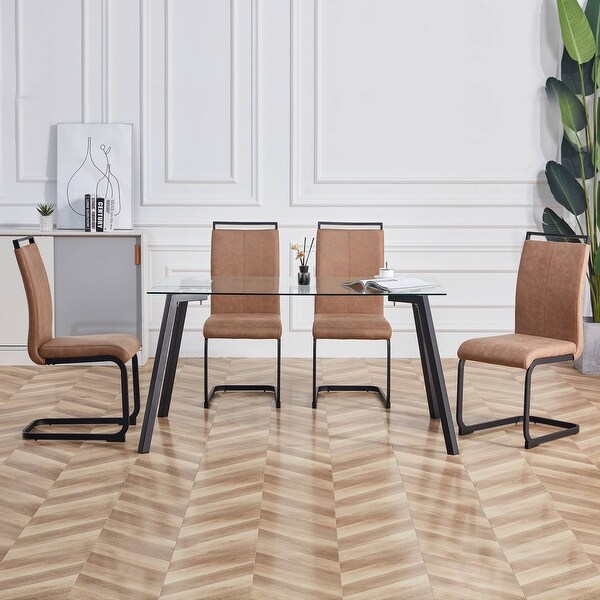 Set of 4 Modern Dining Chairs， PU Faux Leather High Back Upholstered Side Chair with C-shaped Tube Chrome Metal Legs