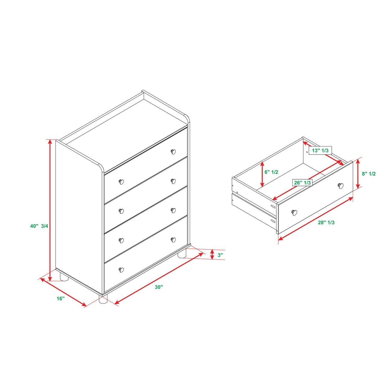 Manor Park Mid Century Modern Tray Top 4 Drawer Dresser, White