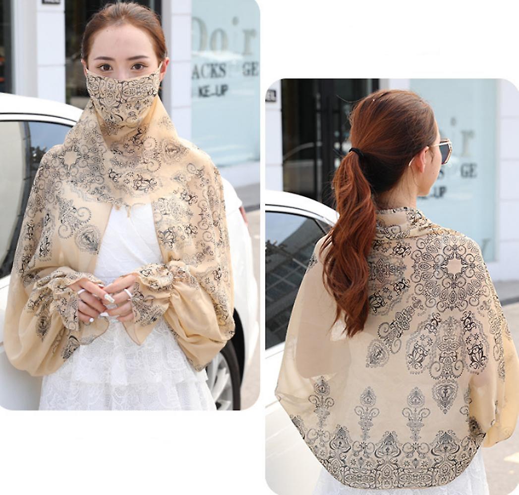 Women Chiffon Long Arm Sleeves Anti-uv Cloak With Mask Finger Hole Shawl