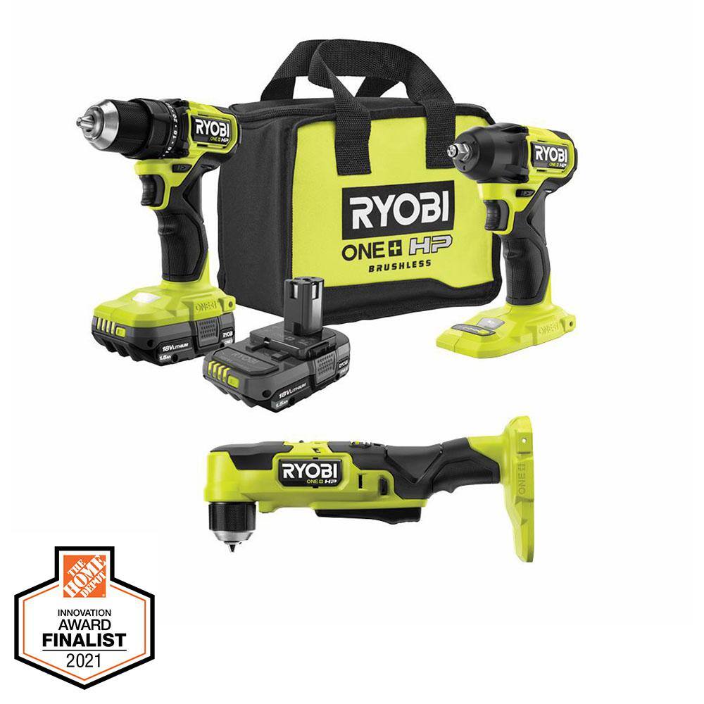 RYOBI ONE+ HP 18V Brushless Cordless Compact 12 in. DrillDriver Right Angle Drill Impact Wrench (2) Batteries Charger PSBDD01K-PSBRA02B-PSBIW01B