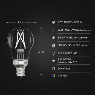 Feit Electric 40-Watt Equivalent A15 E17 Intermediate Dim White Filament CEC Clear LED Ceiling Fan Light Bulb Soft White 2700K(2-Pack) A1540N927CAWFILHDRP2