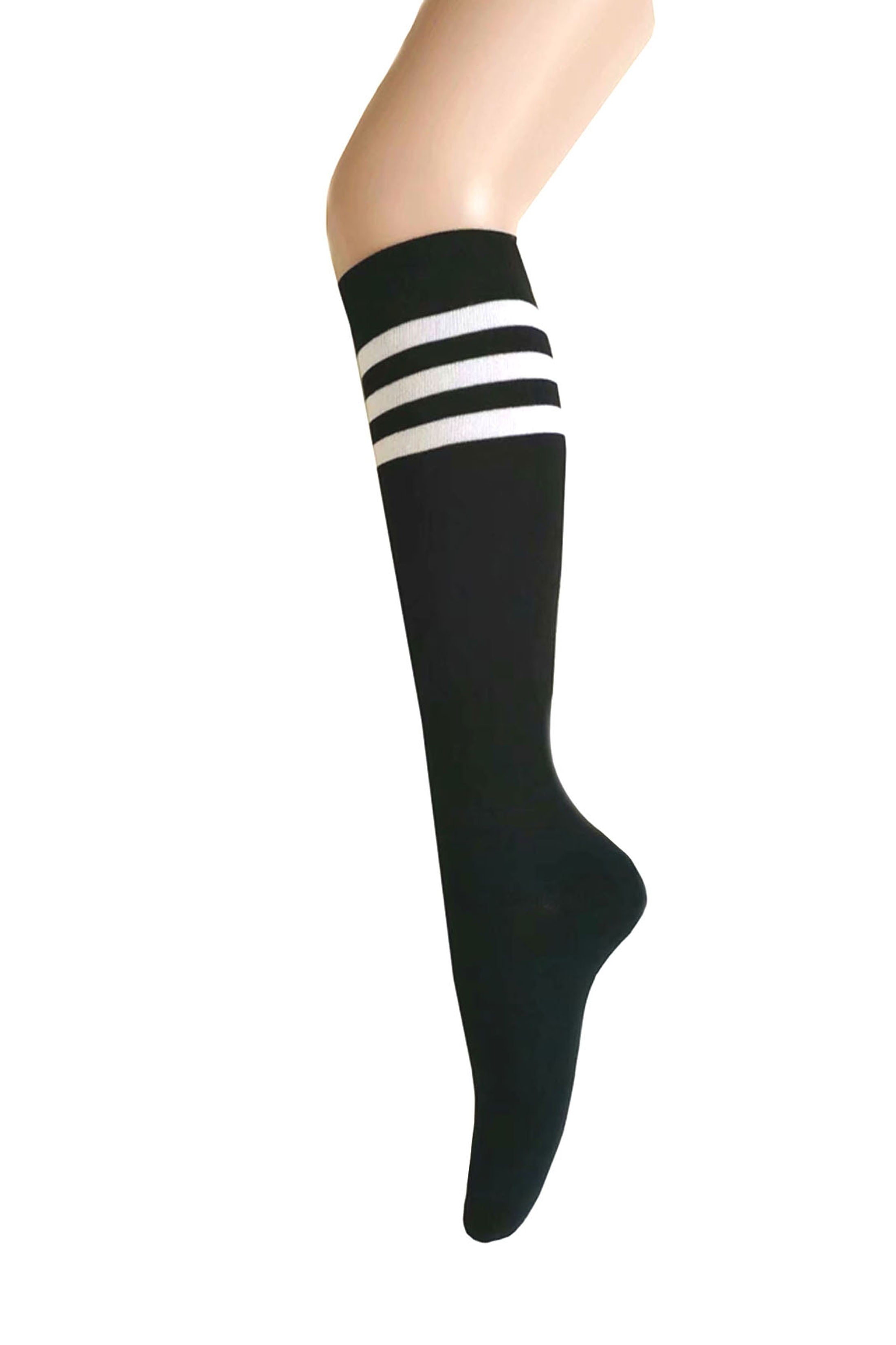 Women and Girls Roller Skate Retro Triple Stripes Tube Knee High Socks In Black with Orange Color