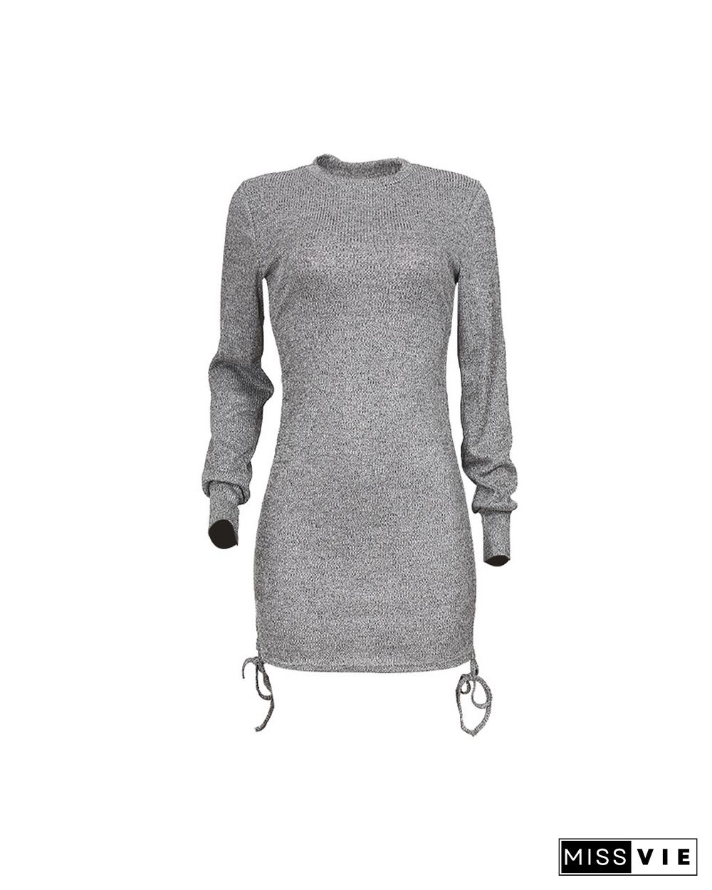 Drawstring Ruched Knit Long Sleeve Dress