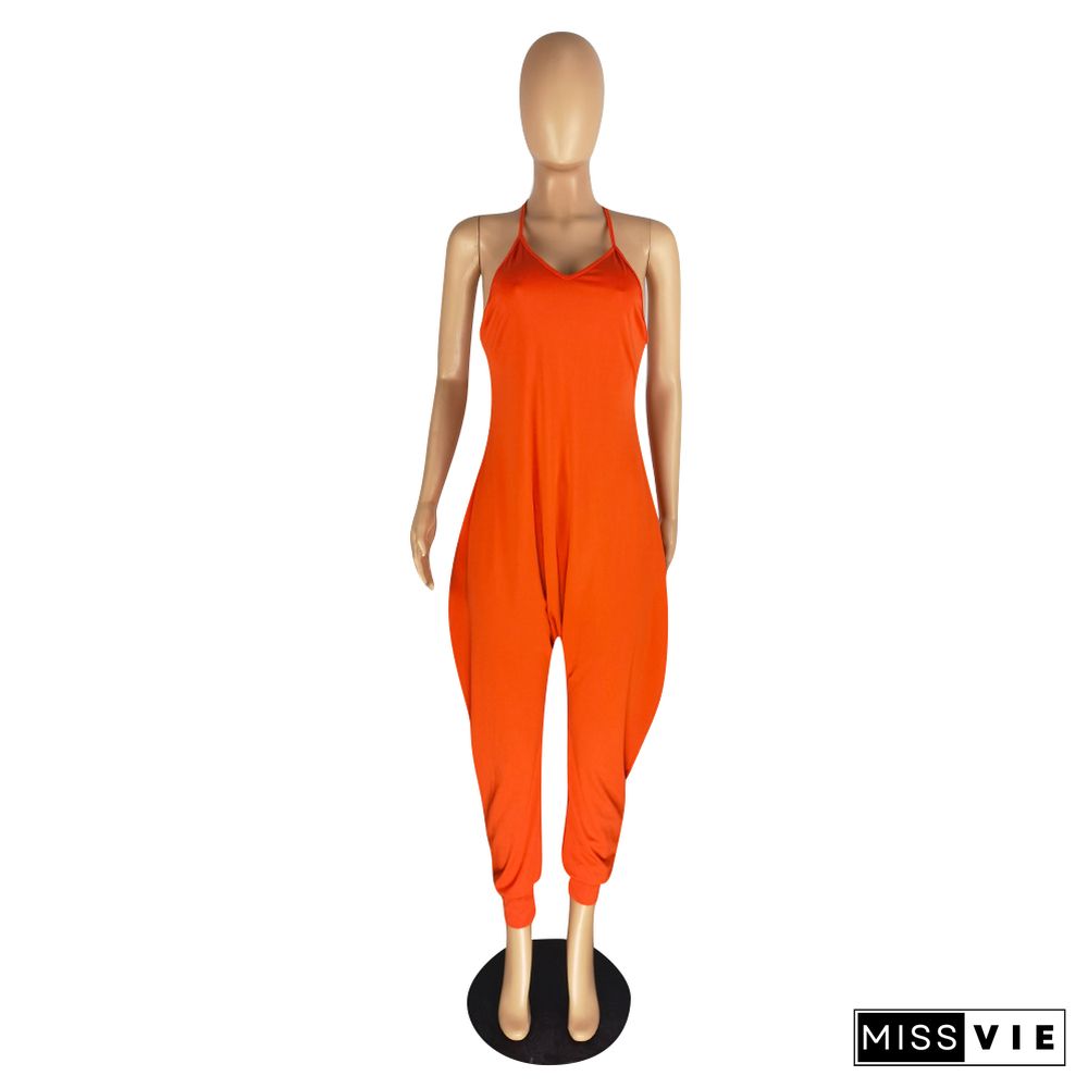 V Neck Sleeveless Solid One Piece Harem Jumpsuits