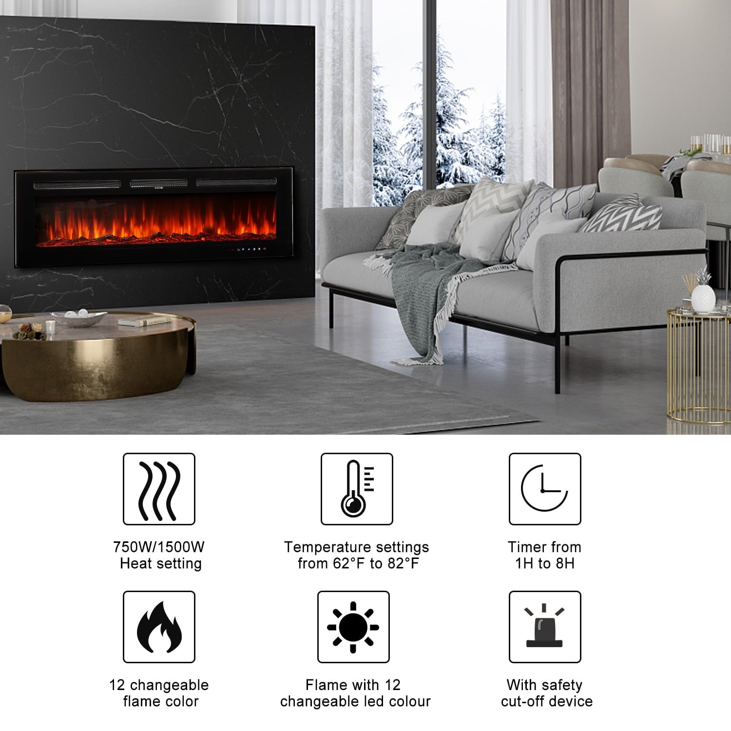 BaPiPro 50 inch Electric Fireplace, Recessed Wall Mounted Electric Fireplace inserts,Ultra Thin, 750W/1500W, 12 Color Flame, Remote Control, Log Set & Crystal