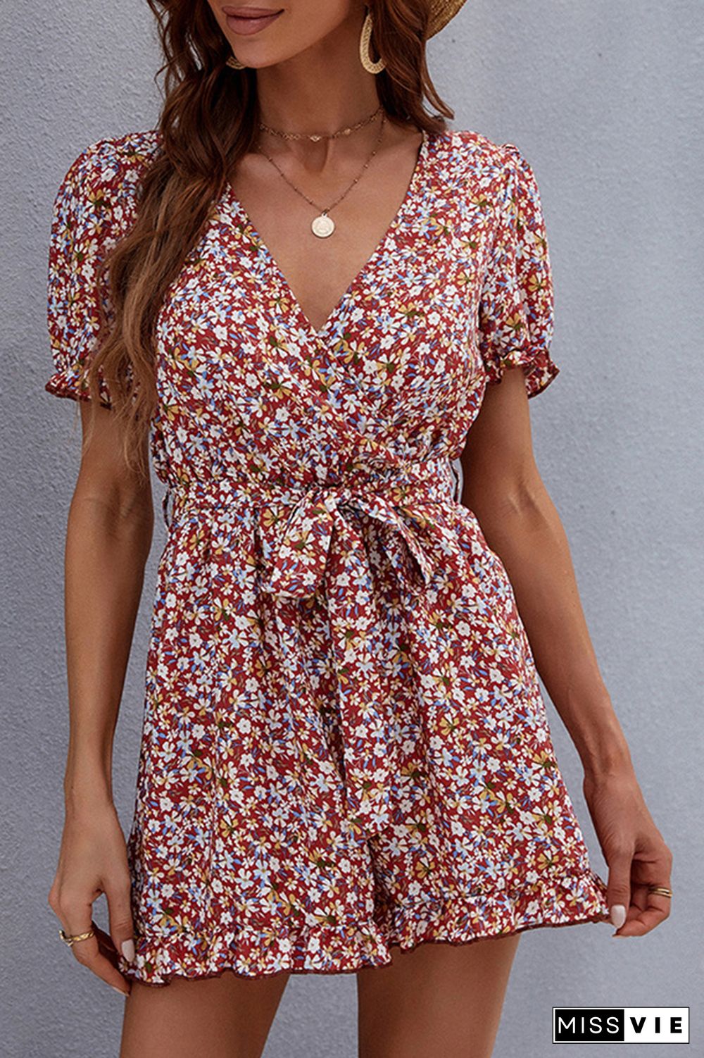 Floral Print V Neck Tie Waist Romper