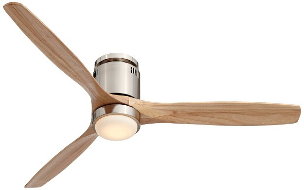 Casa Vieja Modern Hugger Indoor Ceiling Fan With Light Led Remote Brushed Nickel Natural Solid Wood Carved Blades For Living Room