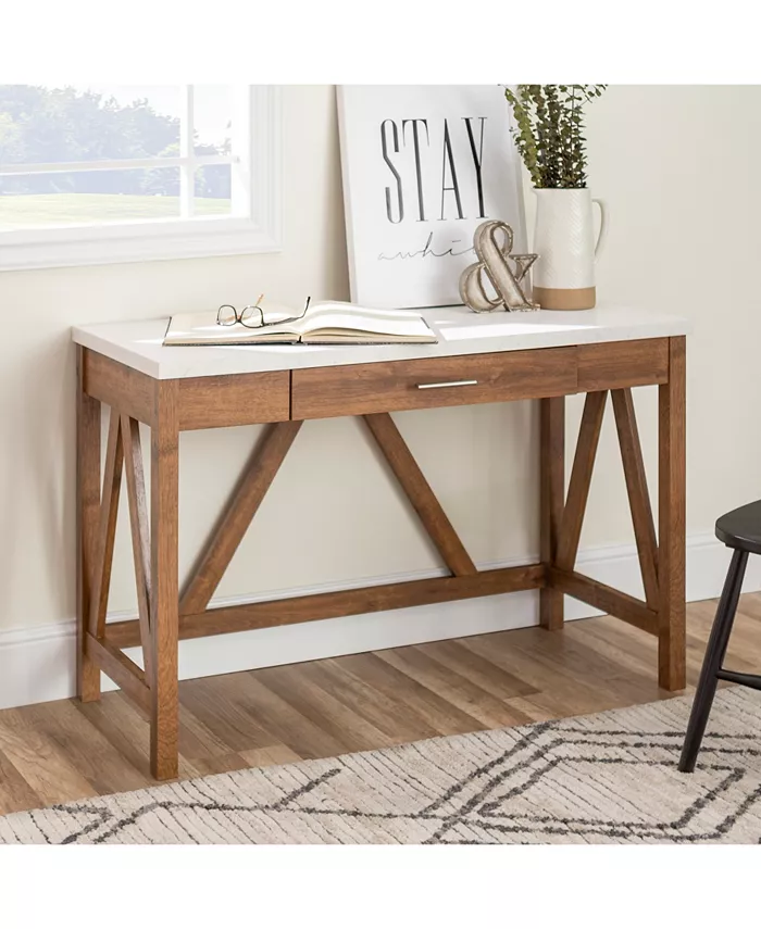 Walker Edison 46 A-Frame Desk with White Faux-Marble Top and Walnut Base