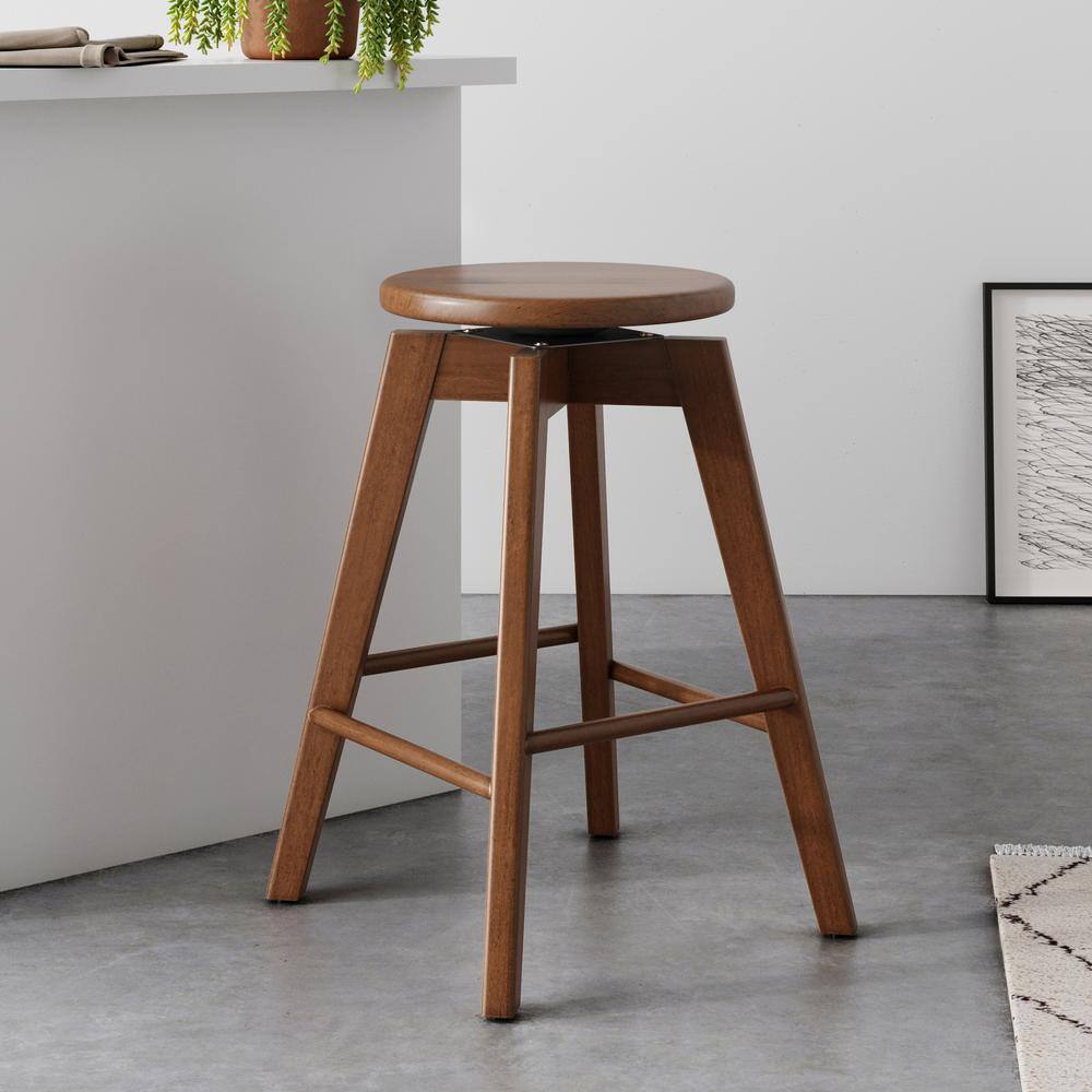 Nathan James Amalia 25 in. Antique Coffee or Brown Backless Counter Height 360 Swivel Seat Solid Wood Kitchen Bar Stool 23301