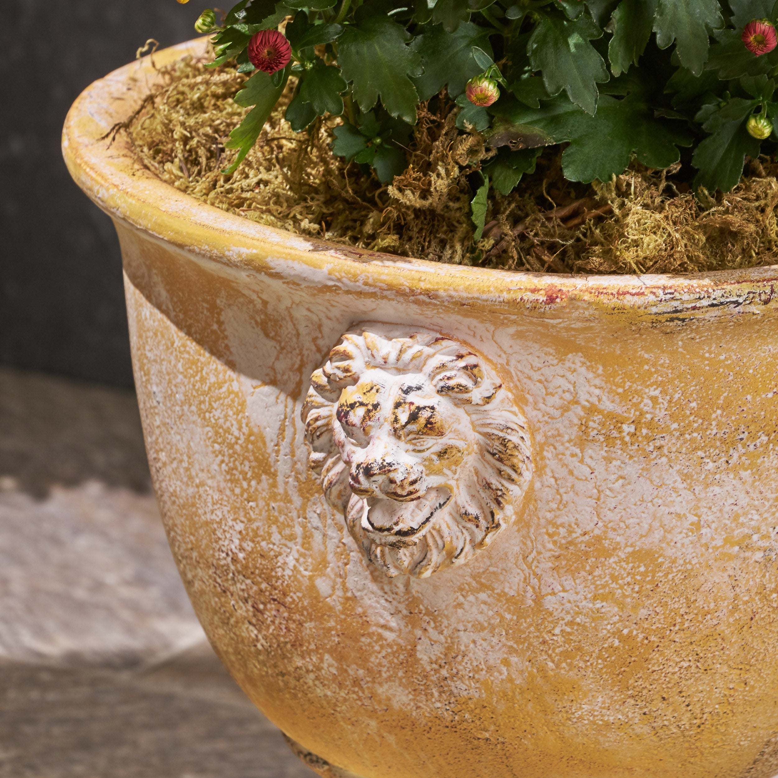 Montana Chalice Garden Urn Planter, Roman, Lionhead Accents, Lightweight Concrete