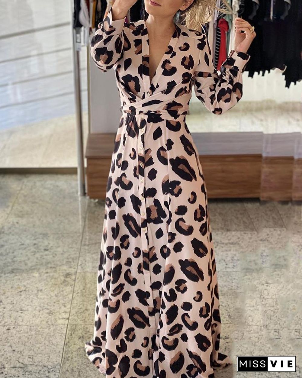 Cheetah Print Button Design Maxi Dress P10704