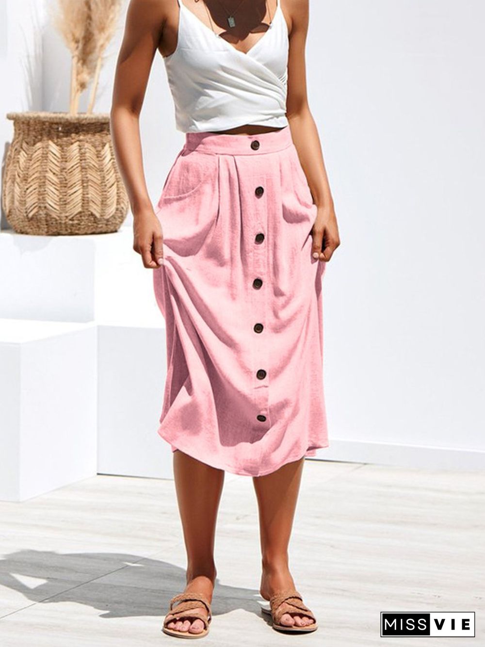 A-Lined Buttons Knee Length Midi Skirt With Pockets