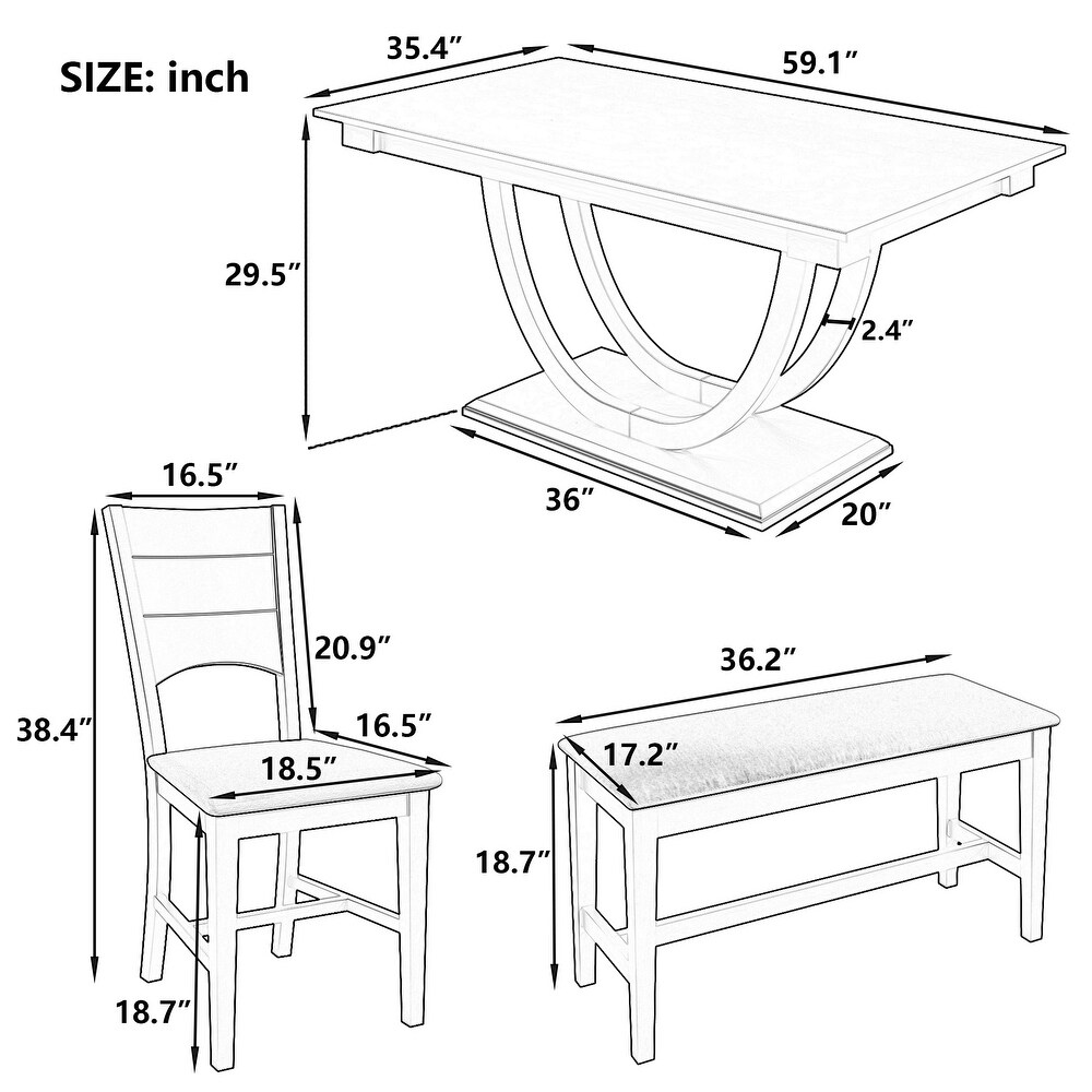 6 Piece Dining Table Set with Long Bench and 4 Upholstered Dining Chairs