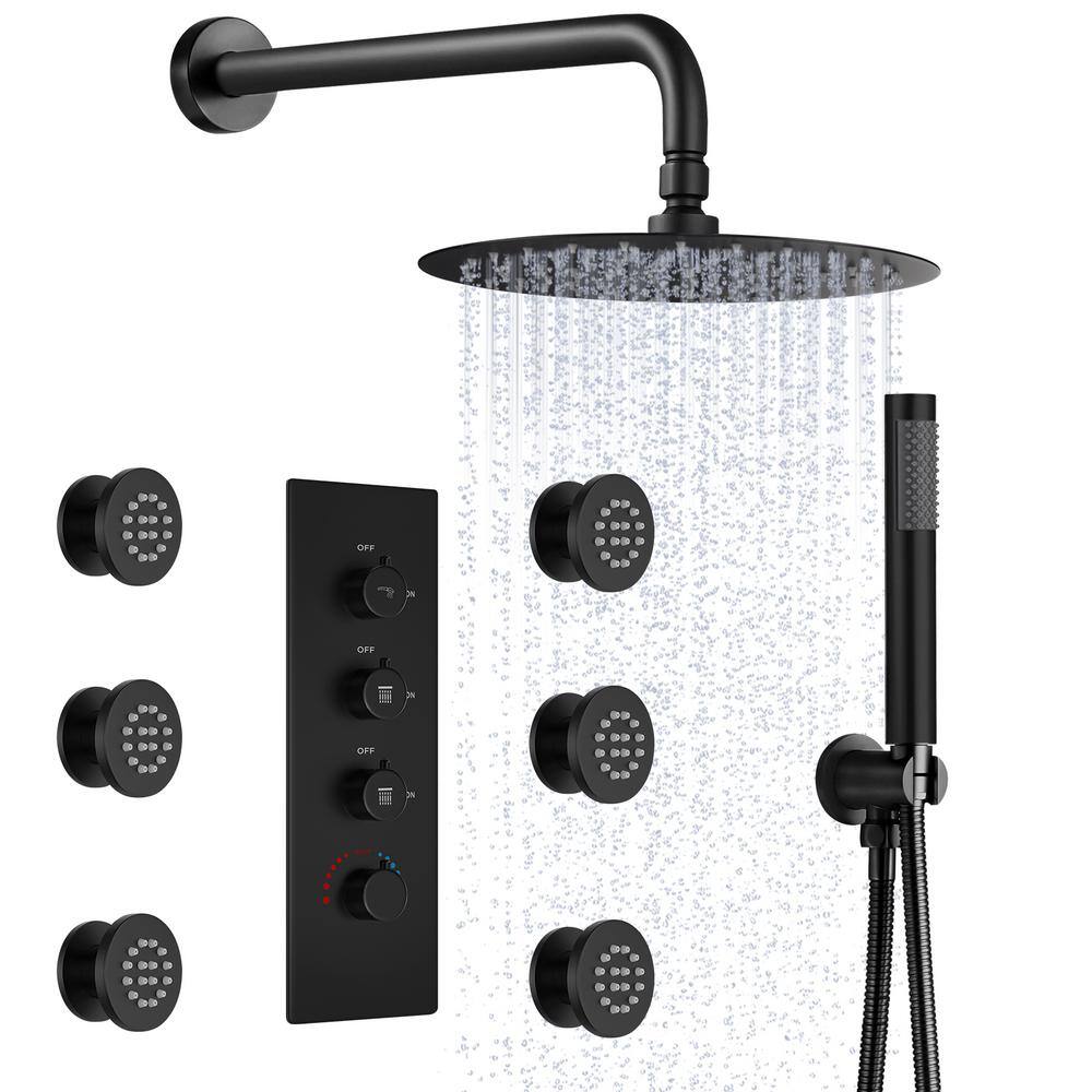 EVERSTEIN 1-Spray Patterns with 2.5 GPM 12 in. Wall Mount Dual Shower Heads with 6-Body Jets in Matte Black (Valve Included) SF-R3F12W-6379-BK