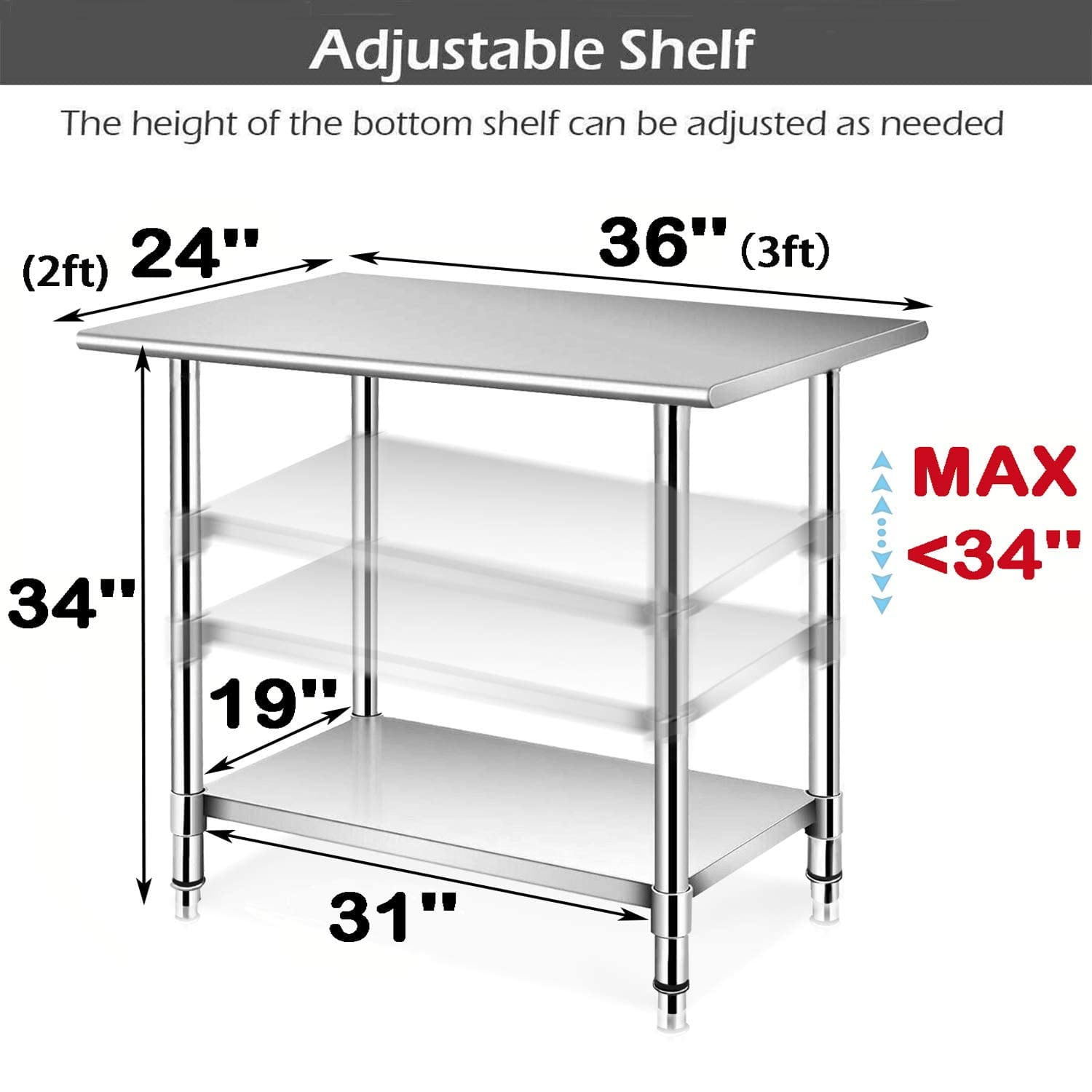 bimiti 36 x 24 x 34 inch NSF Commercial Stainless Steel Work Table for Prep and Work with Adjustable Undershelf Heavy Duty Food Prep Table for Home Restaurant Kitchen Laundry Room