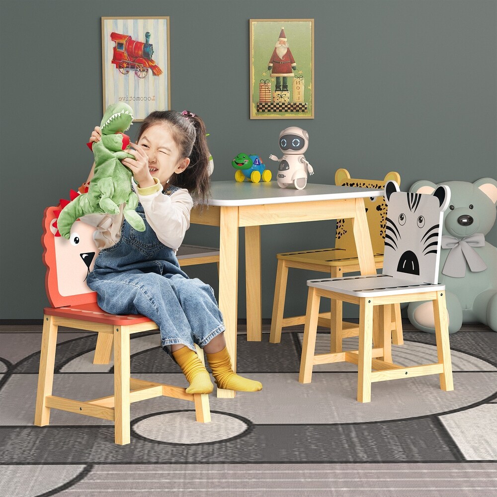 Modern 5 Piece Kiddy Dining Table Sets with Kids Soild Wood Dining Table and Cartoon Animals Chairs  for Living Room