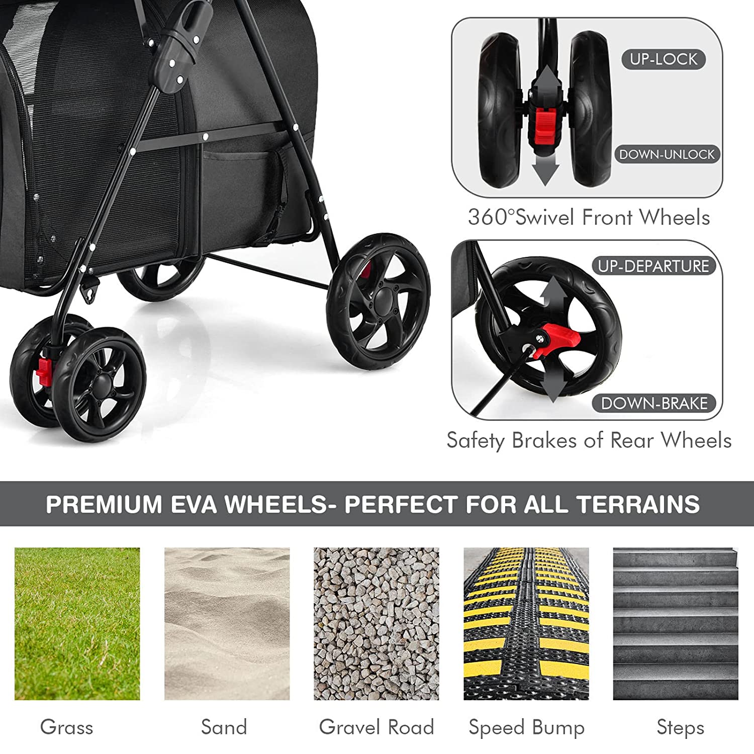 Double Pet Stroller with 2 Detachable Carrier Bags， Safety Belt， 4 Lockable Wheels Cat Stroller Travel Carrier Strolling Cart， Folding Dog Stroller for Small Medium Dogs Cats Puppy (Black)