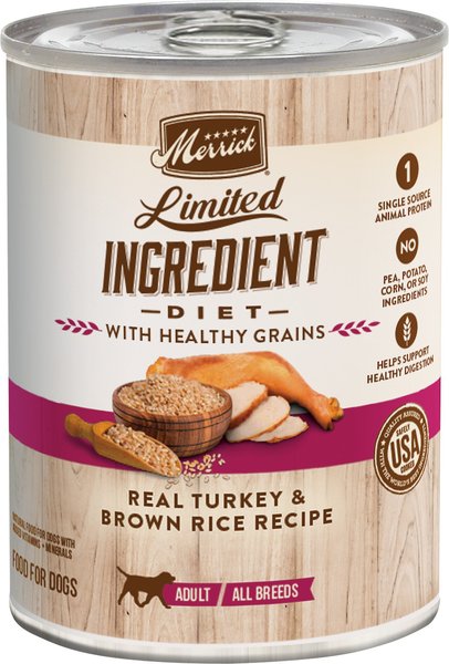 Merrick Limited Ingredient Diet Turkey and Brown Rice Recipe Wet Dog Food， 12.7-oz can， case of 12