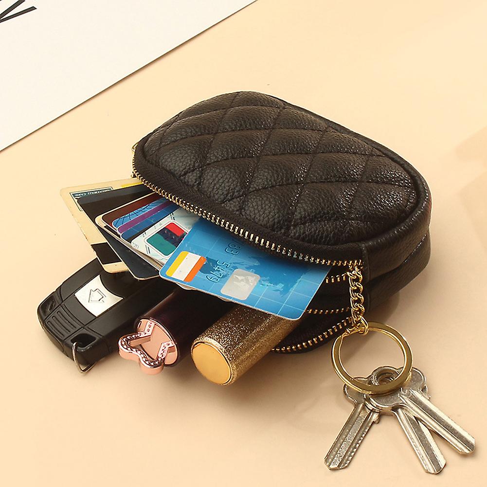 Soft Leather Coin Purse Quilted Blocking Top Double Zipper Wallet With Key Chain Key Coin Lipstick Storage Bag Black