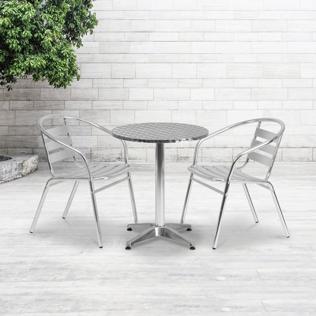 Flash Furniture Lila 23 5 x27 x27 Round Aluminum Indoor outdoor Table Set With 2 Slat Back Chairs