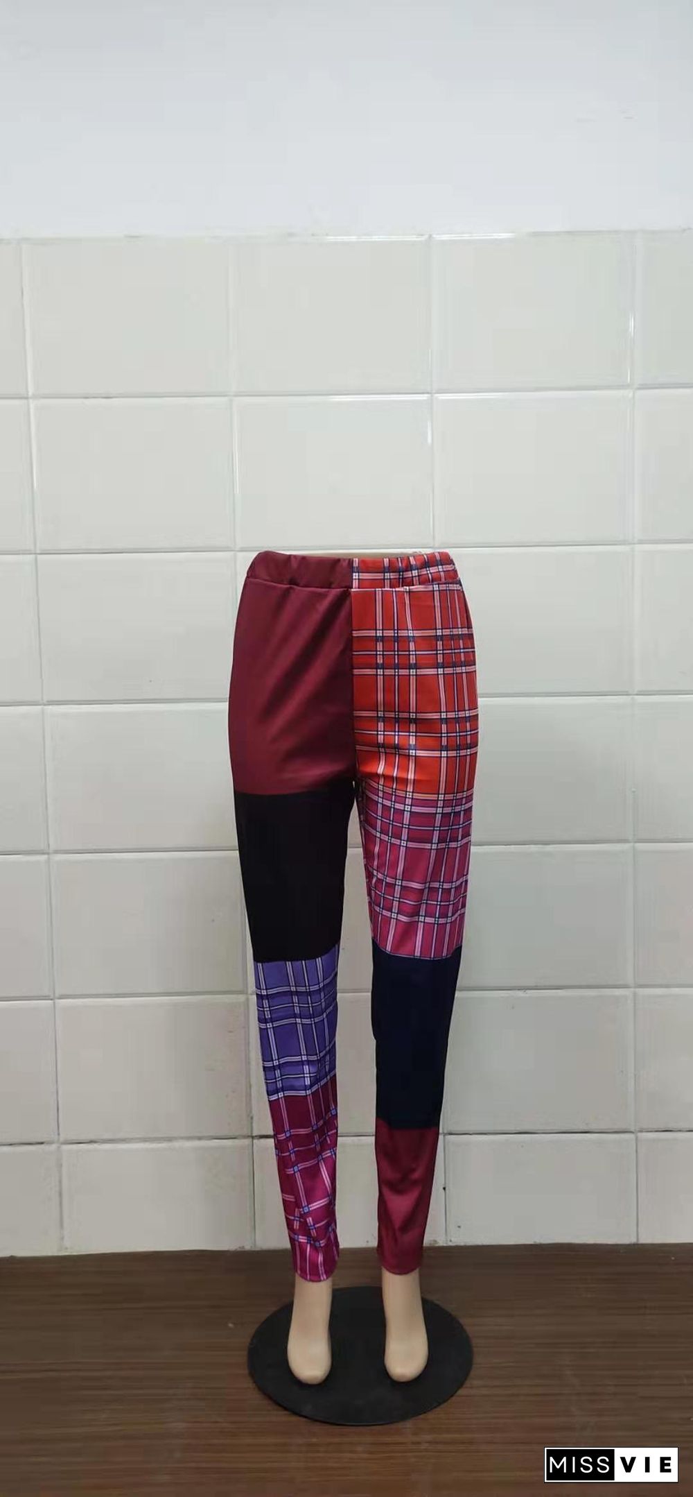 Plaid Print Patchwork Mid Waist Straight-Leg Pants