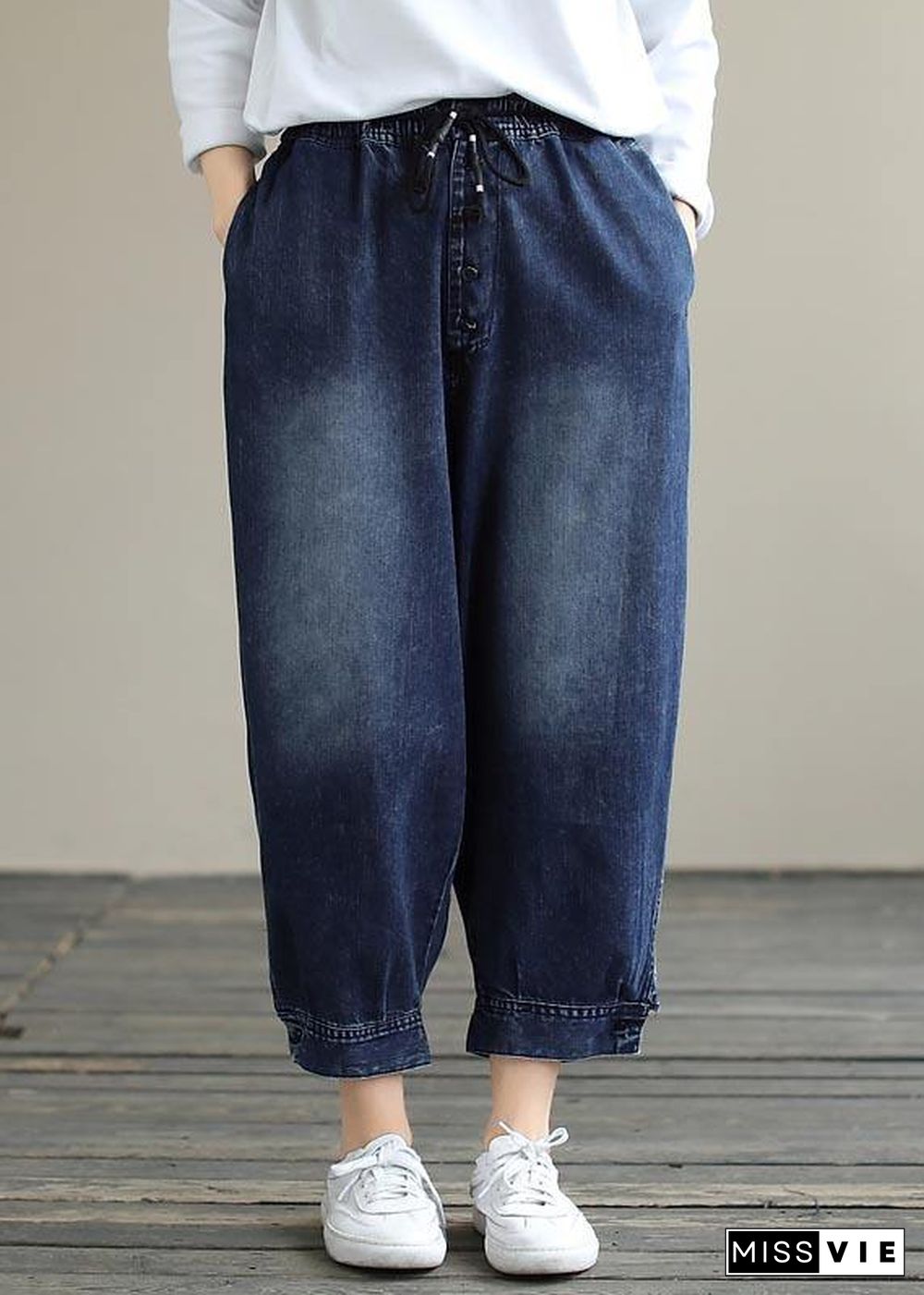 French Denim Blue Pants Plus Size Spring Elastic Waist Pockets Inspiration Women Pants