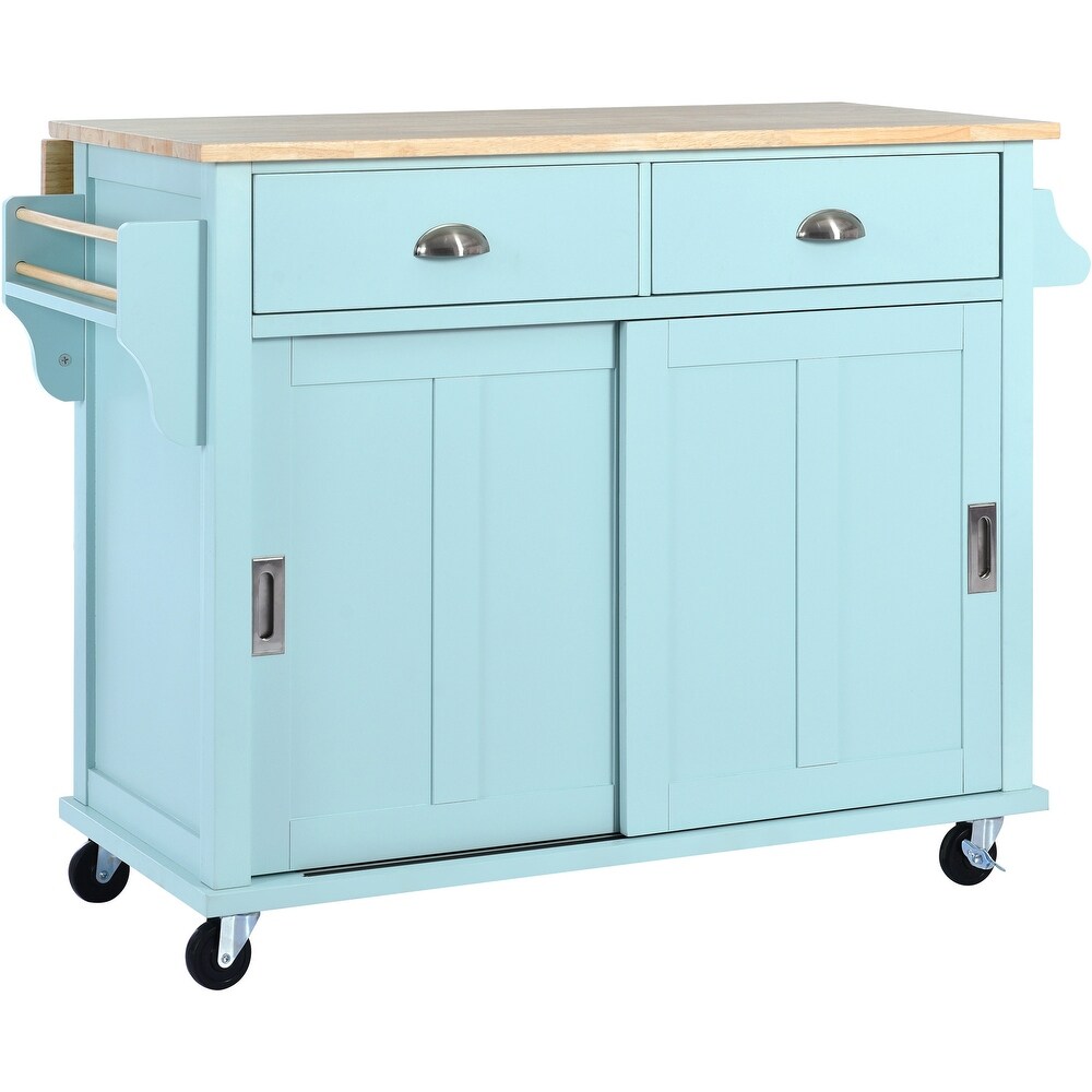 Kitchen Island Cart w/ Rubber wood Drop Leaf Countertop  Concealed Sliding Barn Door Kitchen Island w/ Storage Cabinet 2 Drawers