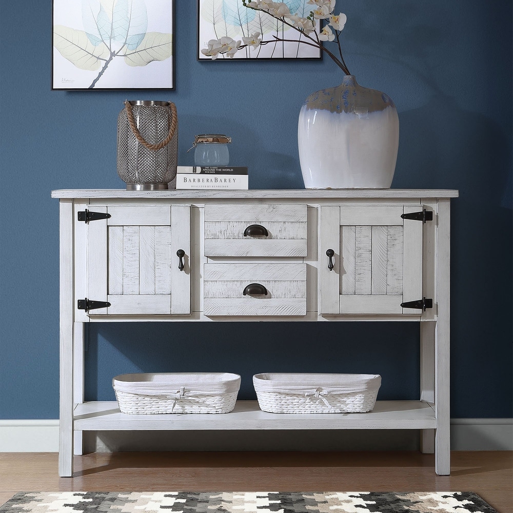 Solid Wood Buffet Console Table with 2 Drawers and Cabinets  White