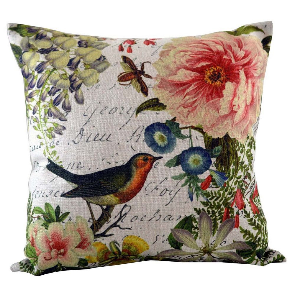 18 White and Pink Songbird and Blossoming Floral Accents Throw Pillow