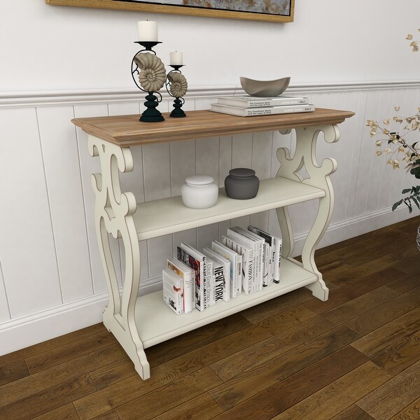 White or Black Wood Scroll Side Frames 2 Shelves Console Table with Brown Wood Top 38