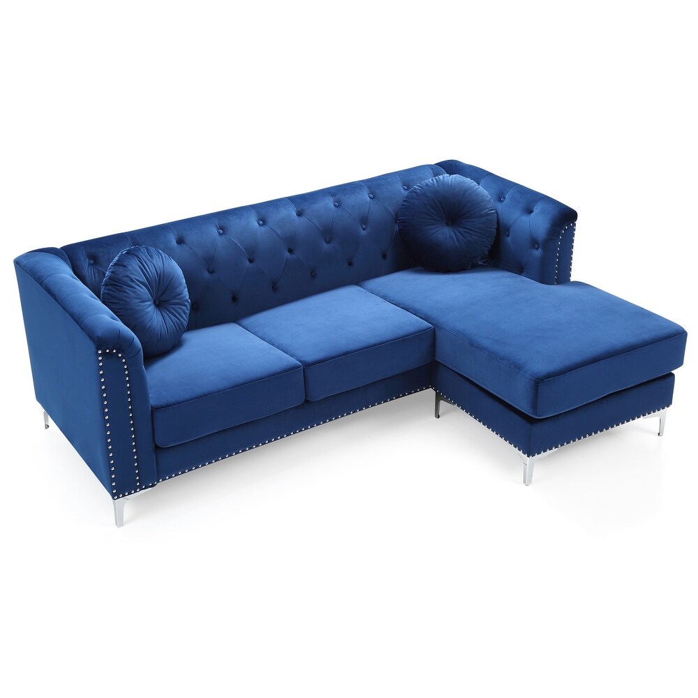 Pompano 83 in. Navy Blue Velvet L Shape 3 Seater Sofa with 2 Throw Pillow   83\