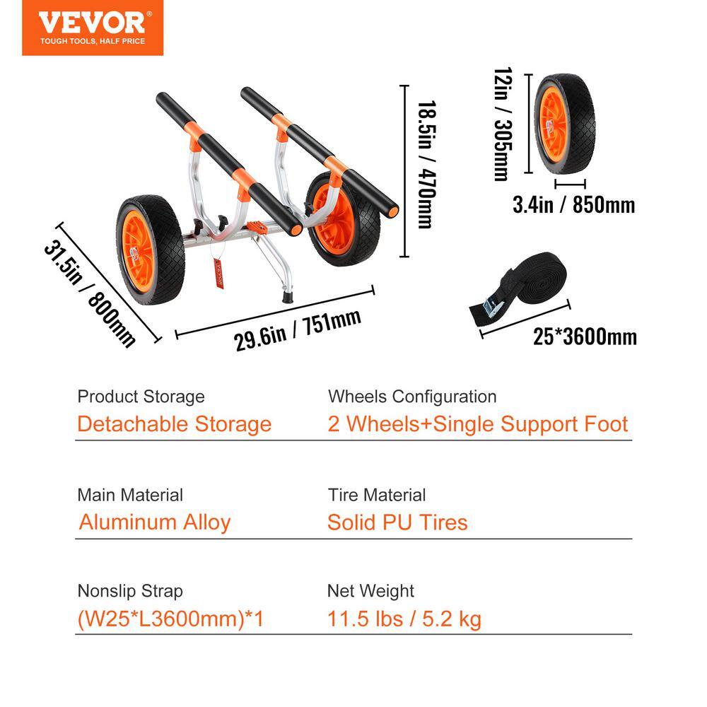 VEVOR Heavy Duty Kayak Cart 450 lbs. Load Capacity Detachable Canoe Trolley Cart with 12 in. Solid Tires for Kayaks Canoes S450LBS12INCHFZNLV0