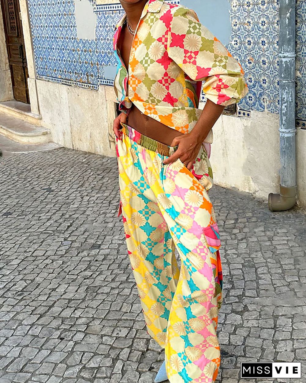 Fashion Colorful Graphic Print Shirt & Pants Two-piece Set