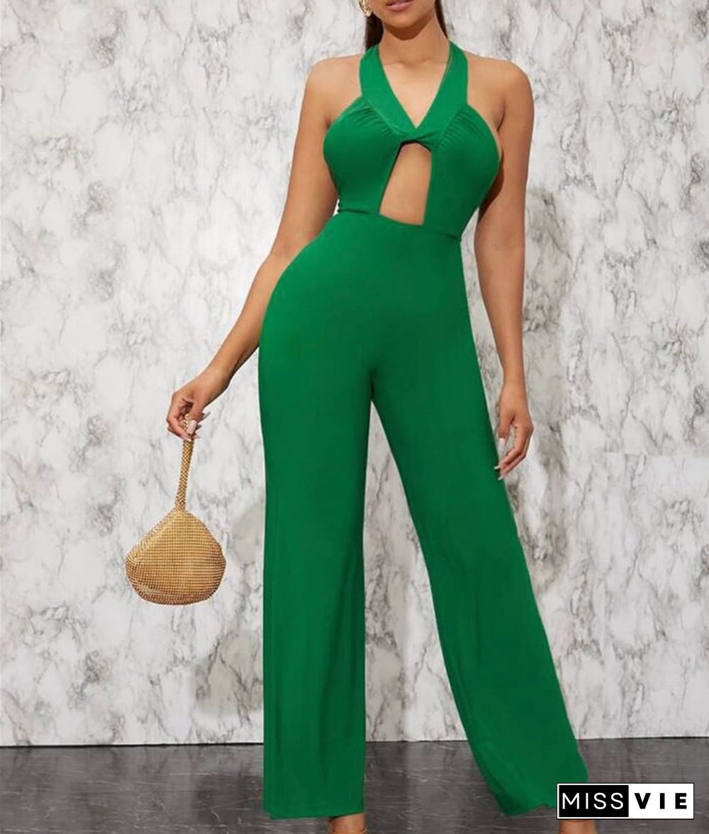 Halter Tie Up Cut Out Backless Wide Leg Jumpsuit