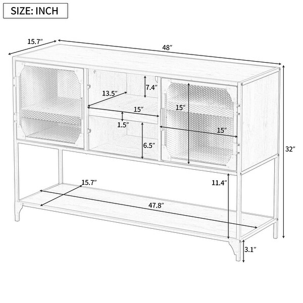 48 in. Barnwood Rectangle Wood Console Table with Metal Grid Door and 3 Thicken Shelves