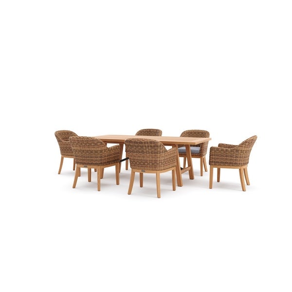 Winston Truss 7-Piece Natural Teak with Vintage Earth Weave Woven Side Chair and Teak Dining Table Dining Set -  - 32282758