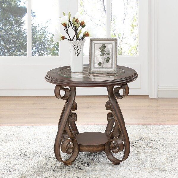 2 Tier End Table with Glass Table Top and Powder Coat Finish Metal Legs，Dark Brown