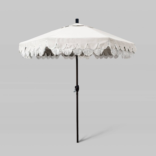 7 5 x27 Sunbrella Scallop Base Fringe Market Patio Umbrella With Push Button Tilt Bronze Pole California Umbrella