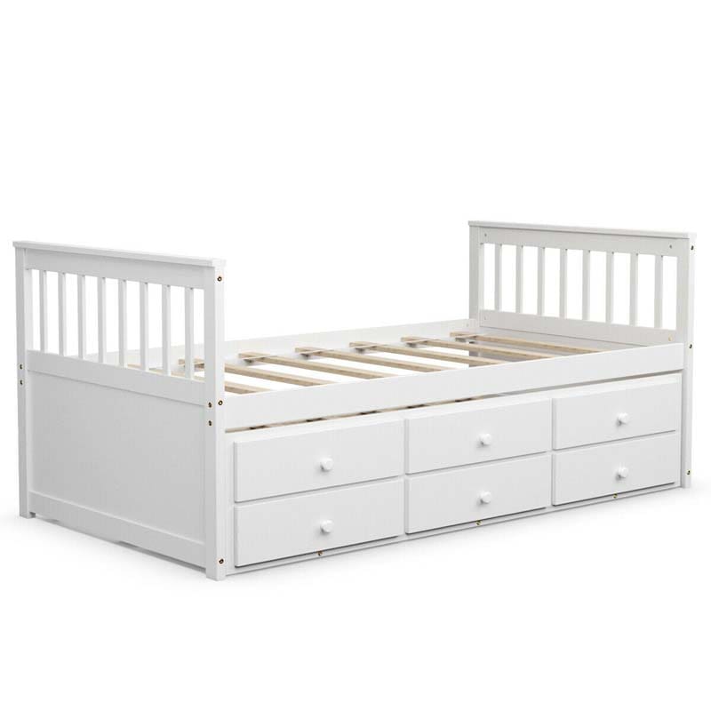 Twin Captain's Bed with Trundle Bed, Storage Daybed with 3 Drawers, Wooden Platform Bed for Kids Guests Sleepovers