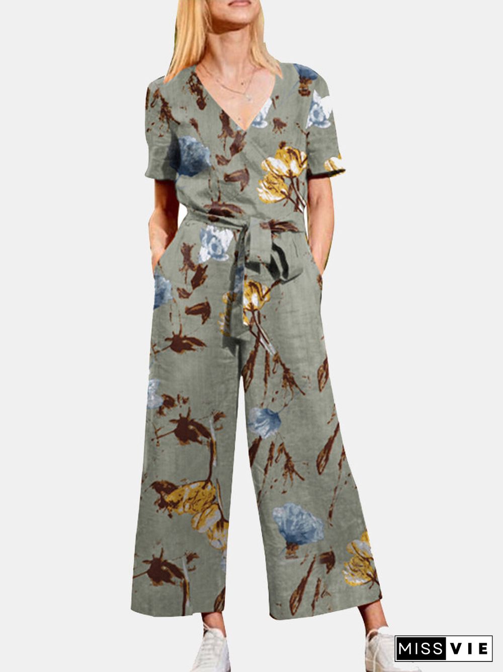 Flower Print Wrap Pocket V-neck Short Sleeve Belt Jumpsuit