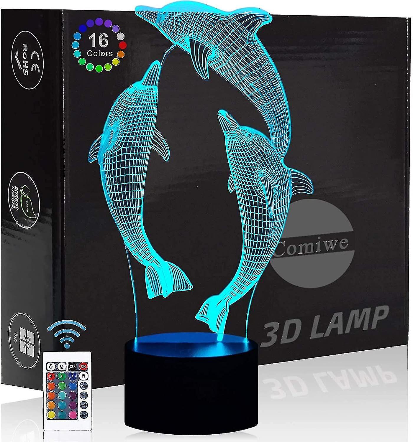 Shxx Dolphin 3d Illusion Night Light Toys，16 Colors Change Smart Touch Remote Control，home Decor Led Bedside Table Desk Lamp，christmas Birthday Gif