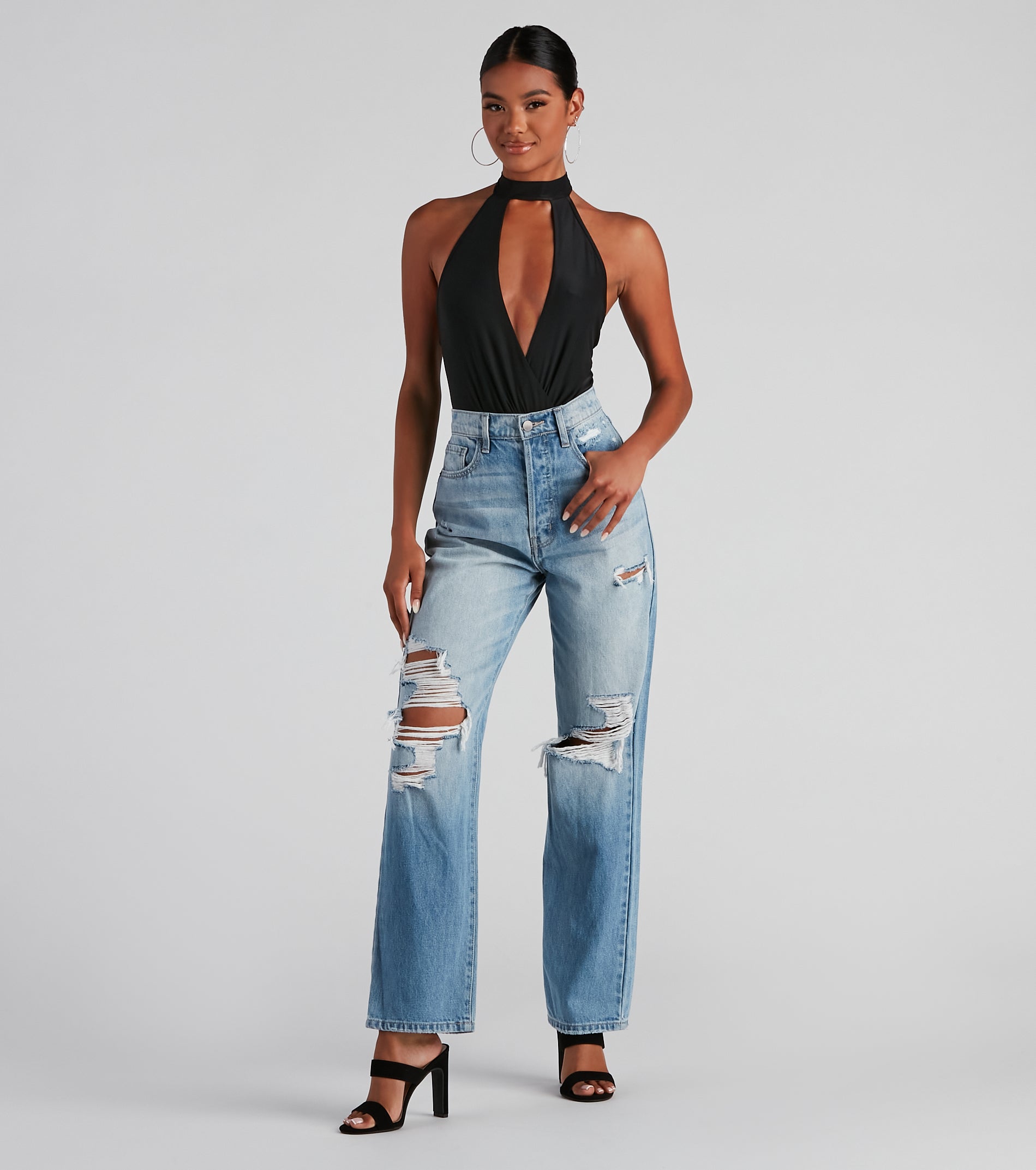 Sultry Plunge V-Neck Halter Bodysuit