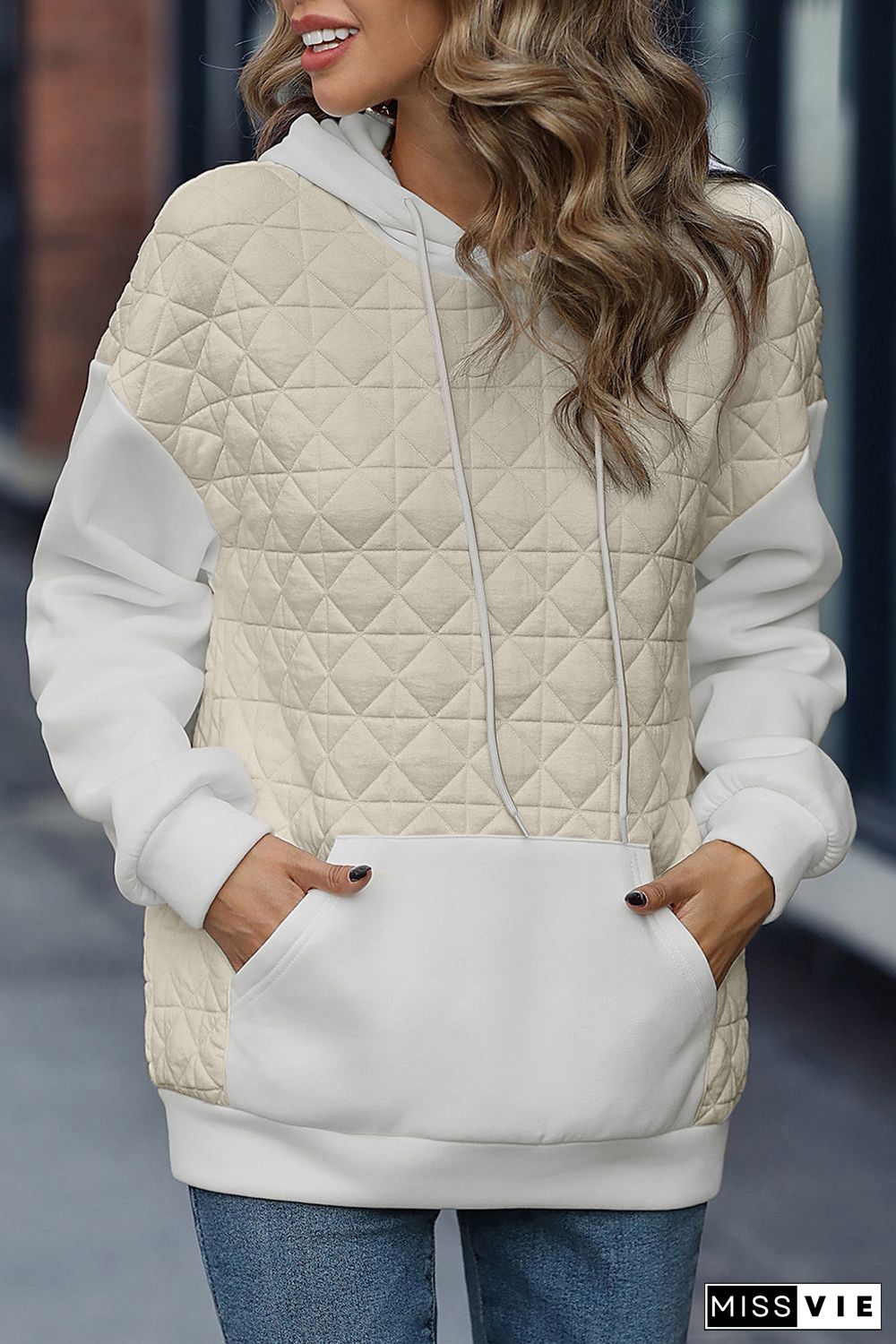 Drop Shoulder Quilted Patchwork Kangaroo Pocket Hoodie