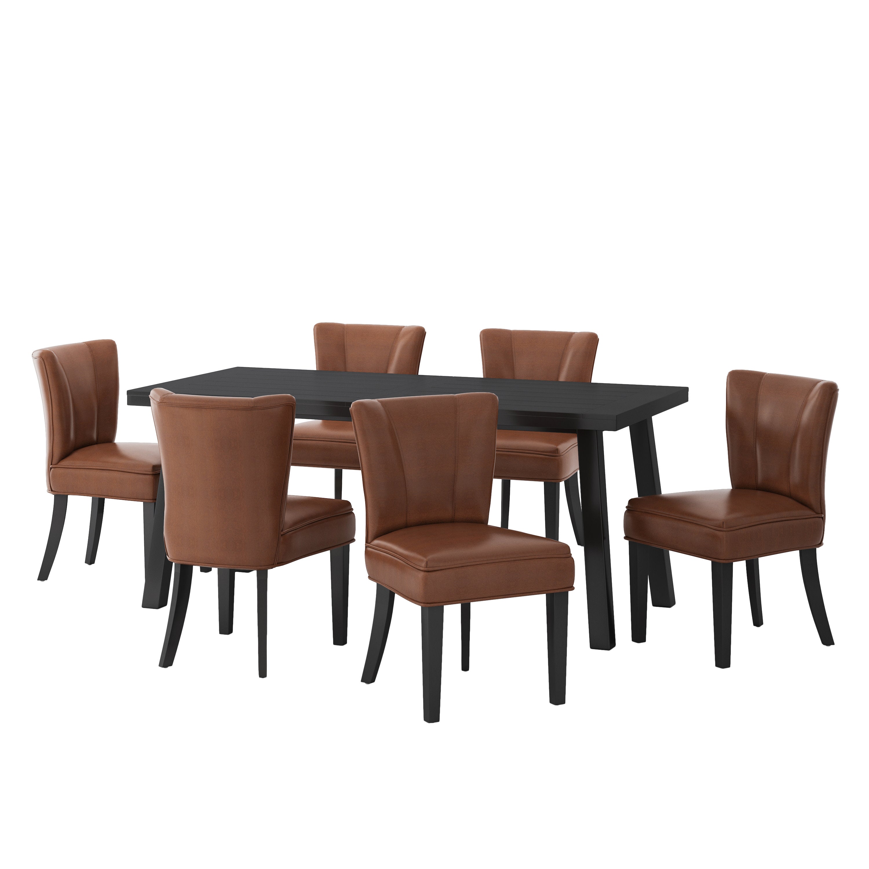 Eiden Modern Industrial Faux Leather and Acacia Wood 7 Piece Dining Set, Cognac Brown and Black